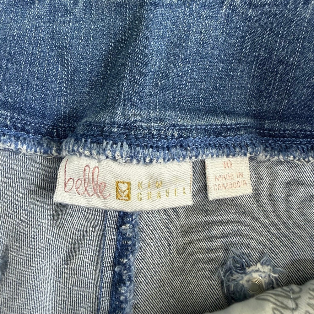 Belle Kim Gravel blue medium wash pull on fringe distressed hem stretch shorts - Picture 6 of 8